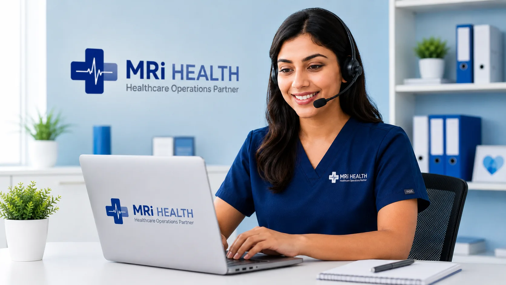 Healthcare operations professional in navy scrubs working at a laptop