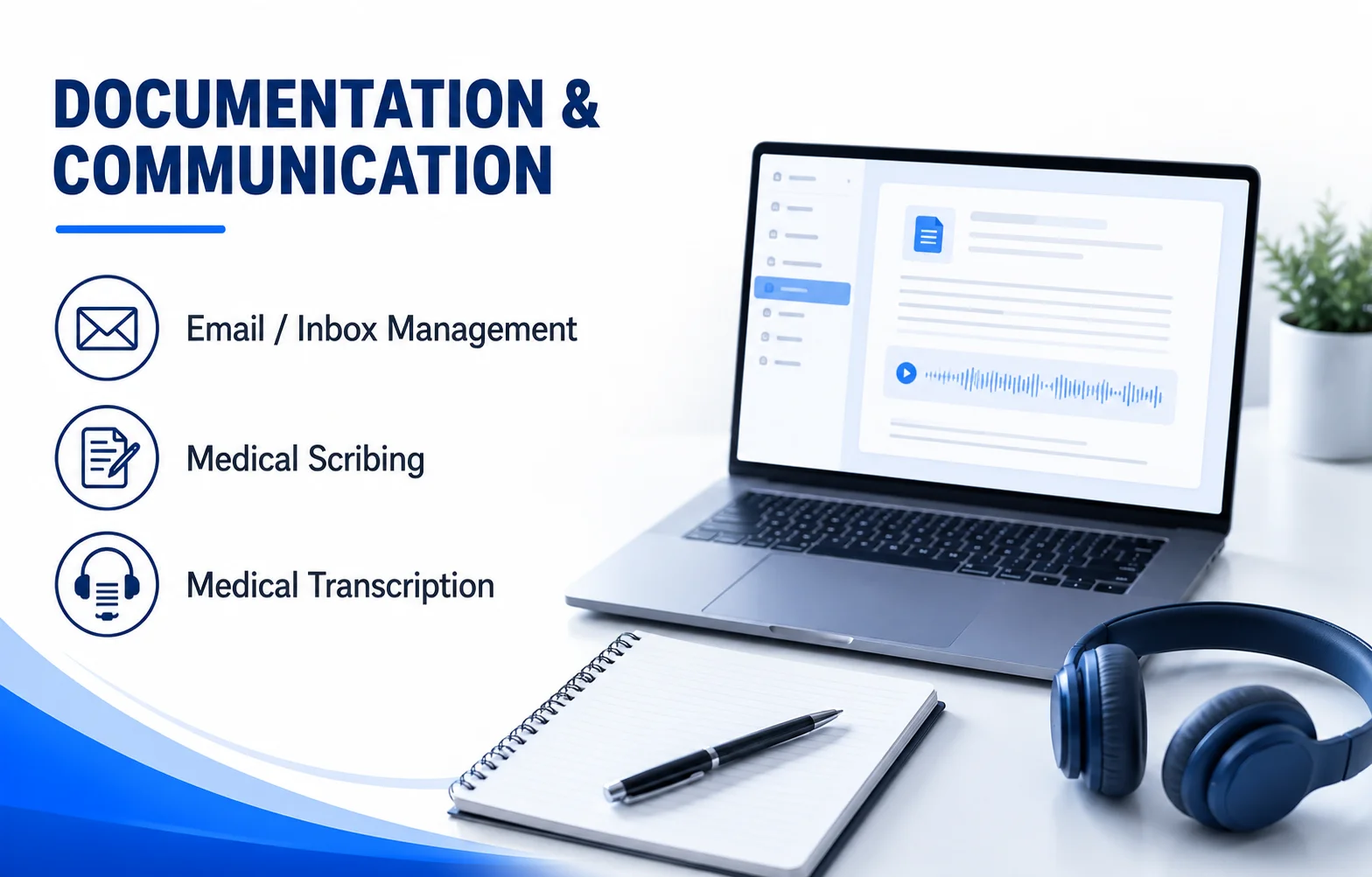 Documentation & Communication: email/inbox management, medical scribing, medical transcription