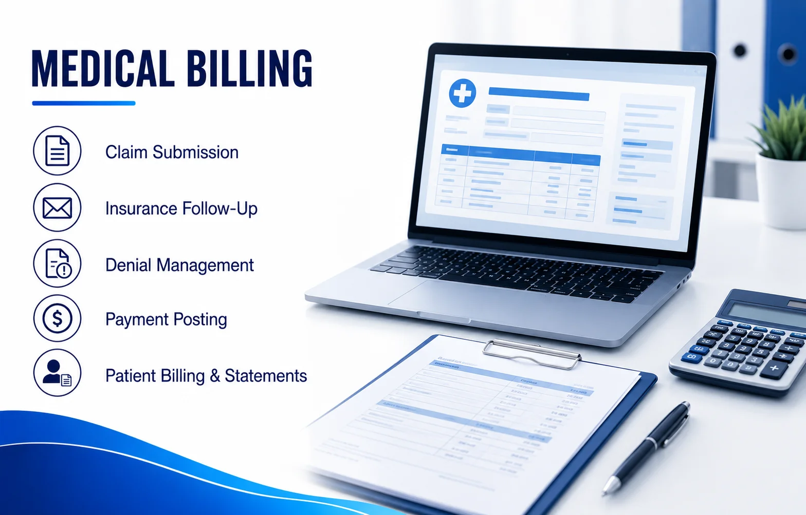 Medical Billing: claim submission, insurance follow-up, denial management, payment posting, patient billing & statements